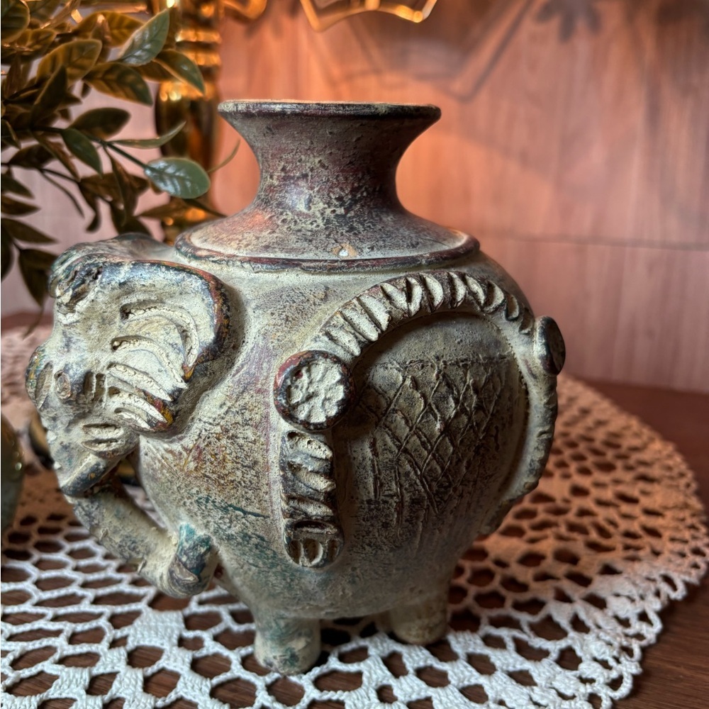 Vintage Thai Earthenware Elephant Vase in Distressed Green and Brown Terracotta
